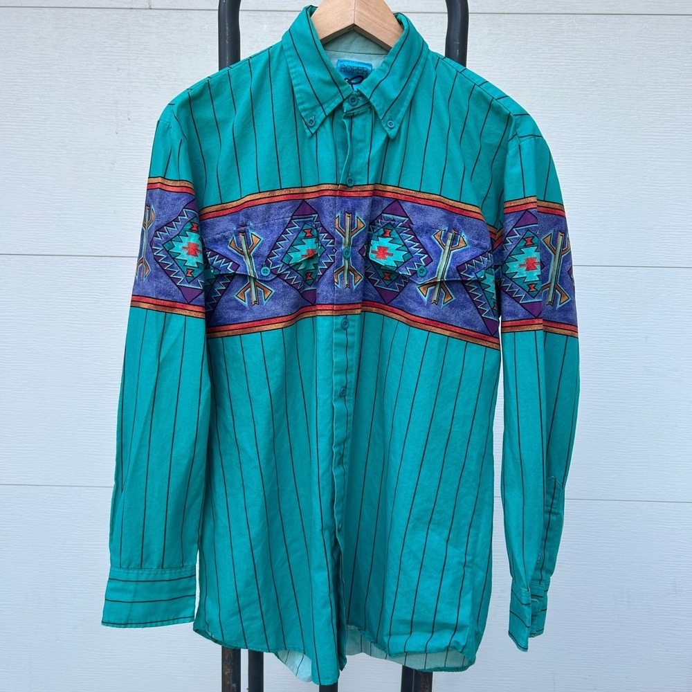 Vintage Roper Western Shirt Medium Teal Aztec 90s Cowboy Brushpopper M